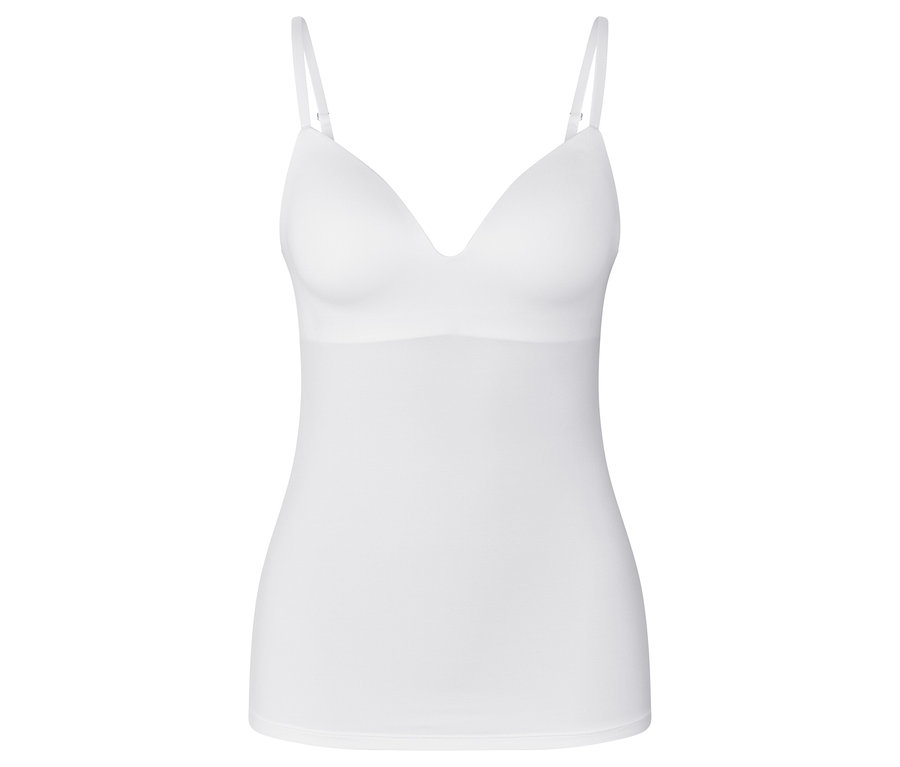 Haut avec bustier blanc à fines bretelles, col en V et soutien-gorge intégré.