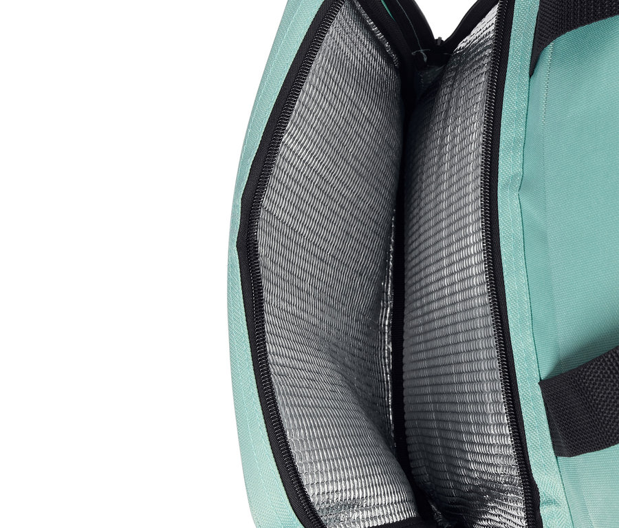 Sac isotherme bleu clair ouvert avec fermeture éclair noire et isolation argentée.