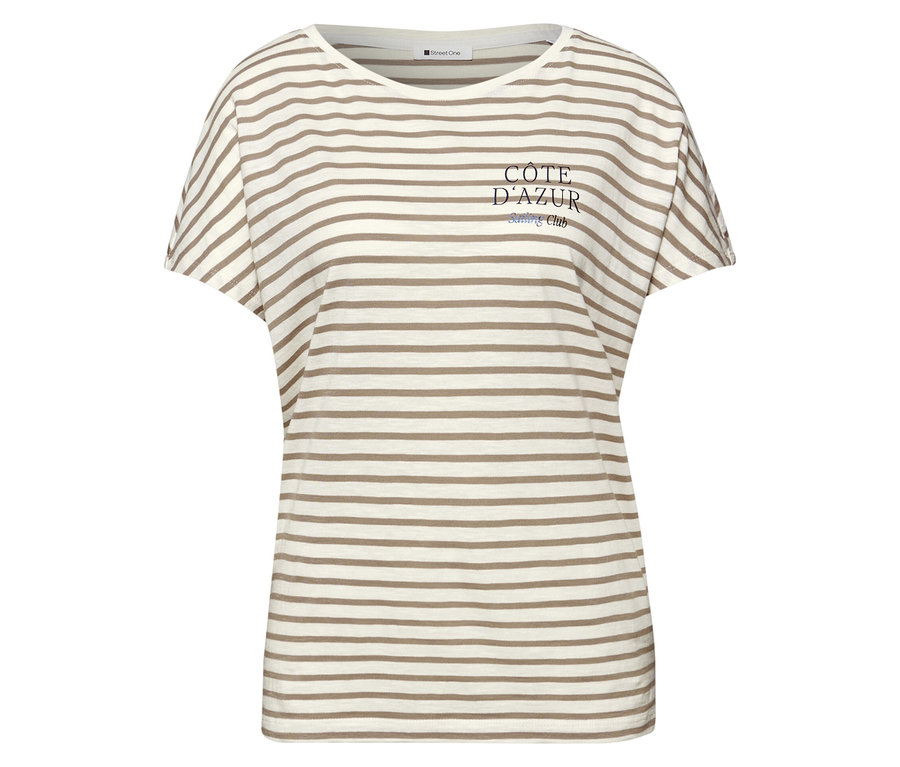T-shirt Street One beige et blanc à rayures horizontales avec inscription bleue « Côte d'Azur Sailing Club ».