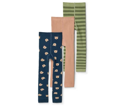 Trois leggings pour enfants sont superposés : un bleu marine avec des ours, un marron clair et un vert rayé.
