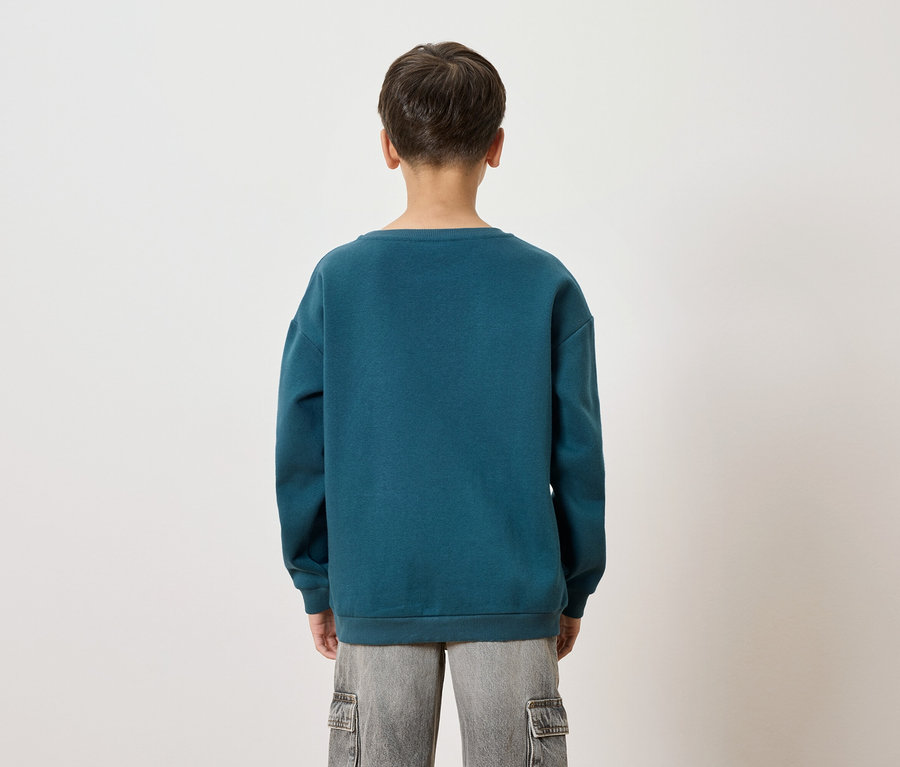 Vue arrière d'un enfant portant un pull bleu-vert et un short gris sur fond blanc.