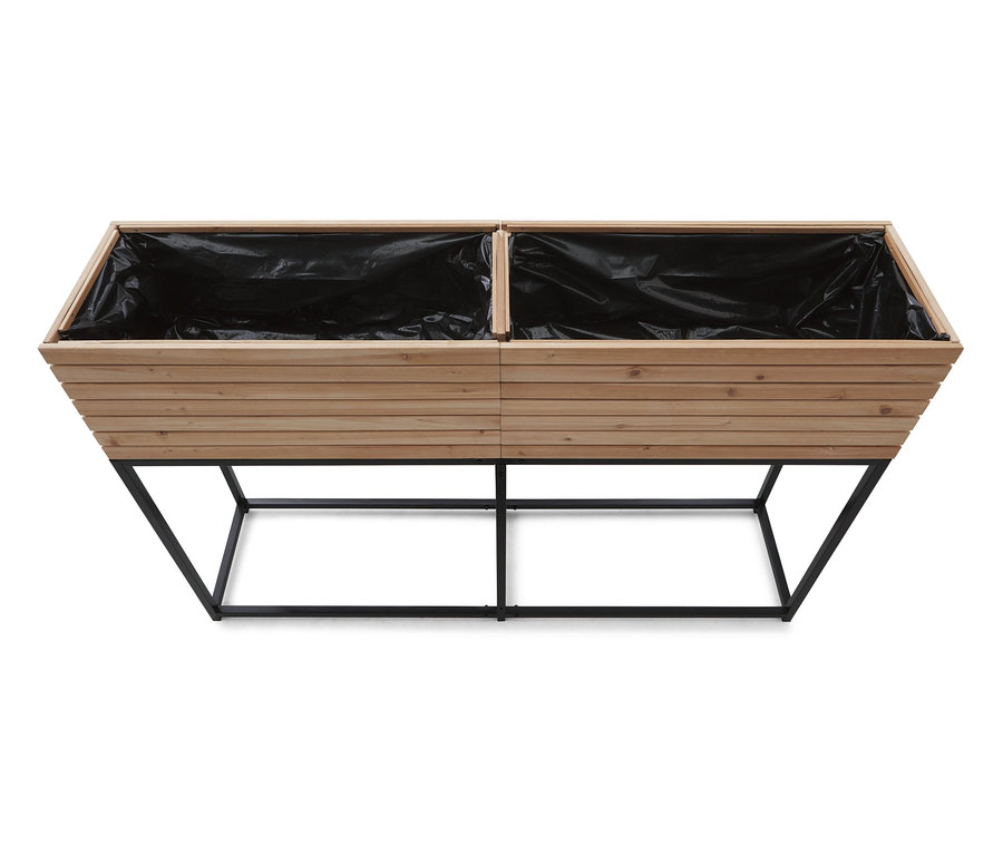 Jardinière en bois avec revêtement intérieur noir sur un cadre en métal noir.