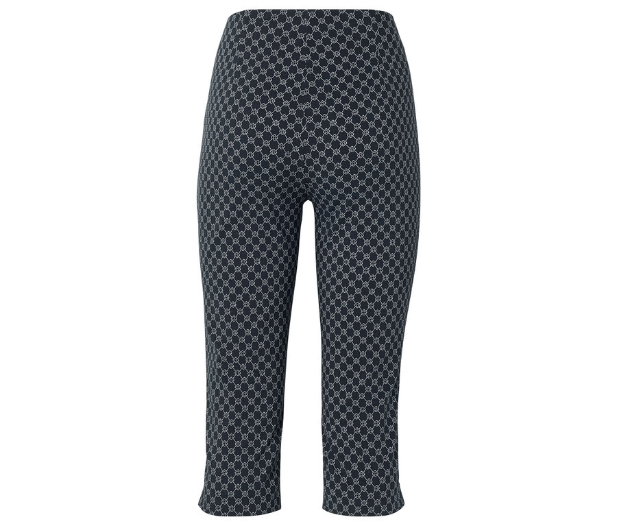 Pantalon bleu foncé à motif géométrique.