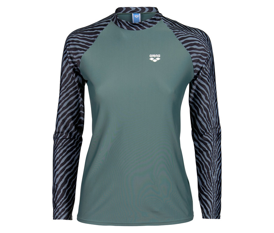 T-shirt vert à manches longues Arena avec des manches zébrées.