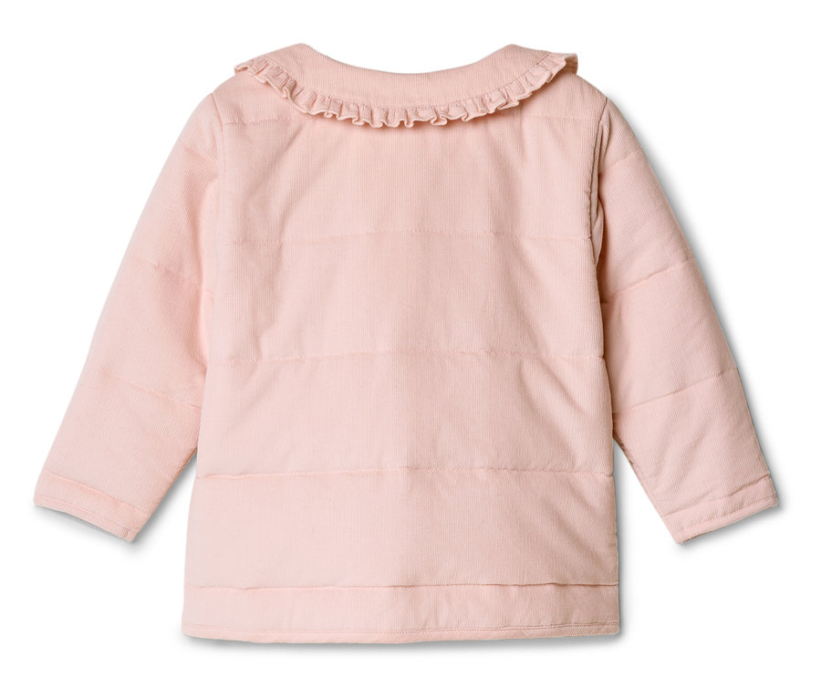 Veste en velours côtelé matelassée rose clair avec col à volants, photographiée de dos.