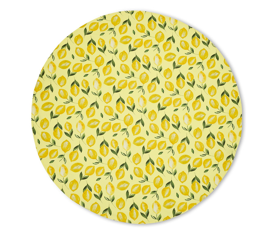 Tapis rond jaune avec motif citron.