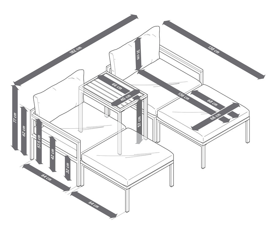 Image d'un ensemble modulaire de salon de jardin, 5 pièces, avec dimensions.