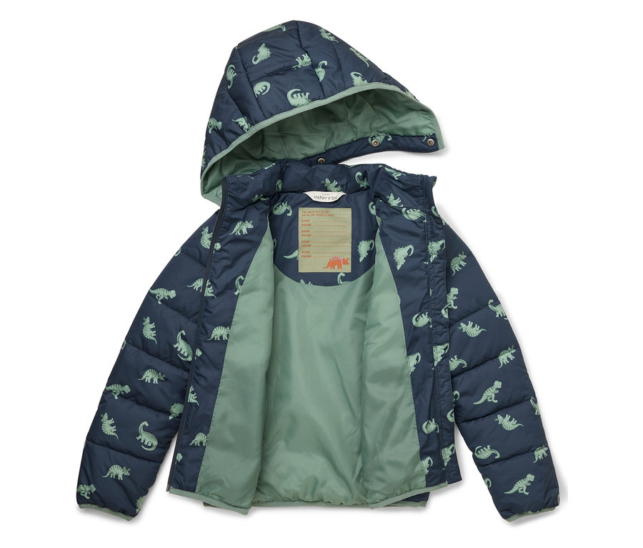 Veste ouverte bleu marine matelassée à capuche avec motif dinosaure, doublure intérieure vert clair.