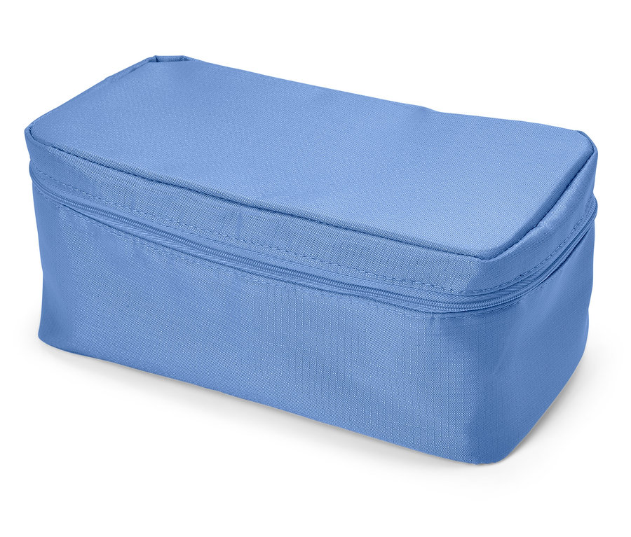 Trousse rectangulaire bleu clair avec fermeture éclair sur fond blanc.