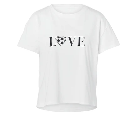 T-shirt blanc avec l'inscription LOVE, où le O est remplacé par un ballon de football.