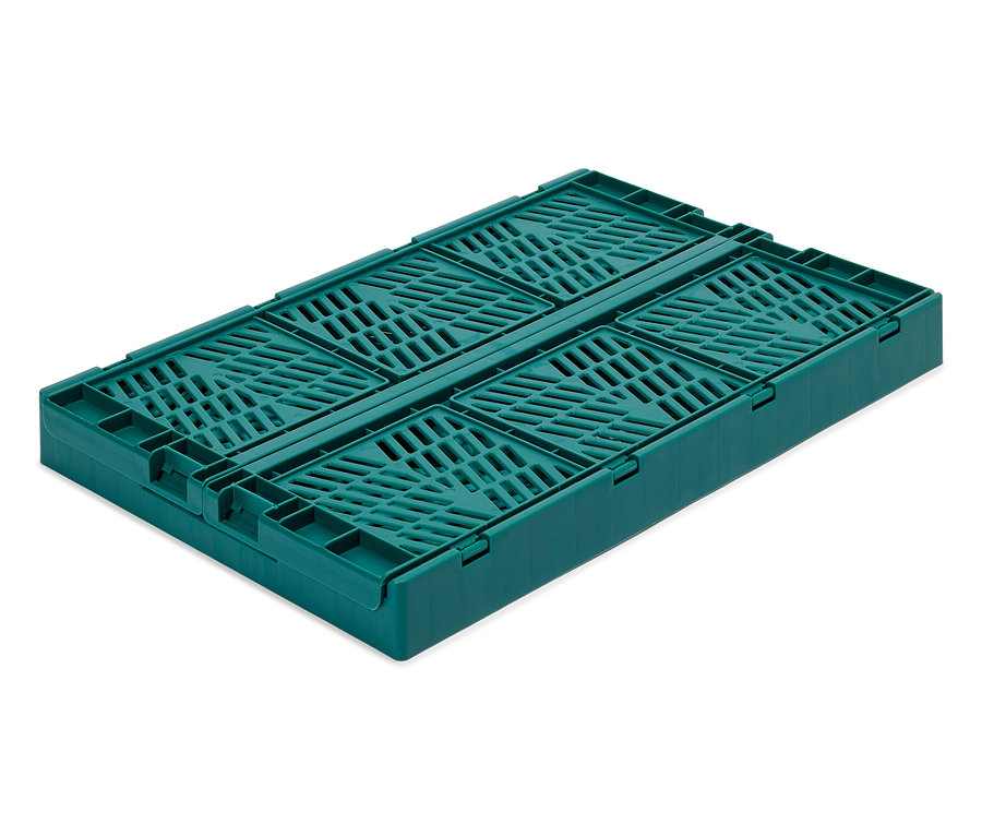 Boîte pliée en plastique vert avec lamelles sur fond blanc.