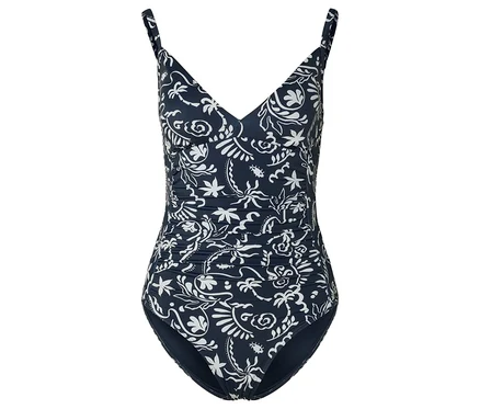 Maillot de bain bleu marine à motif floral blanc.