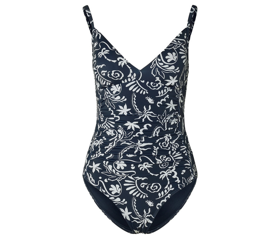 Maillot de bain bleu marine à motif floral blanc.