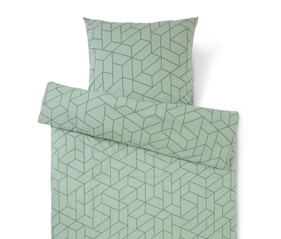 Ensemble de literie vert clair avec motif géométrique, comprenant une taie d'oreiller et une housse de couette.