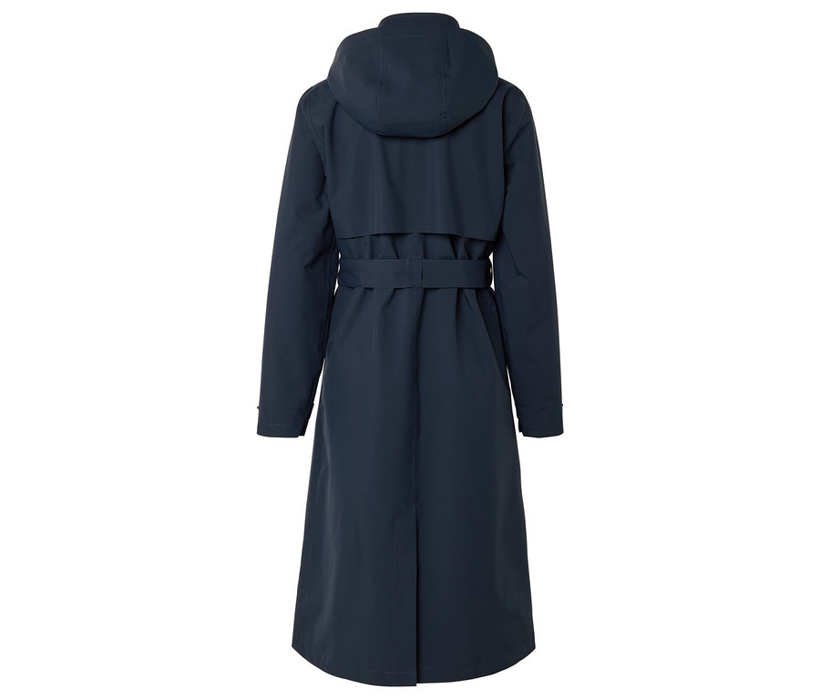 Vue arrière d'un long manteau bleu marine avec capuche et ceinture.