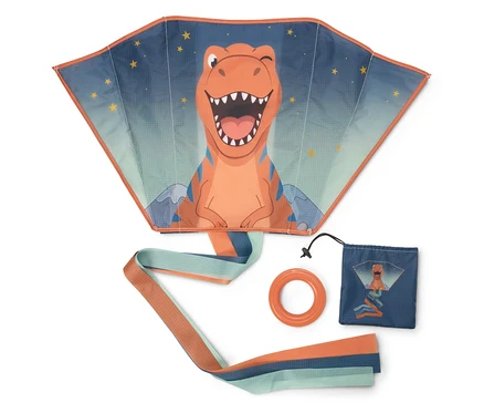 Un ensemble de cerf-volant représentant un T-Rex orange de dessin animé avec un œil clignotant et la bouche ouverte sur un ciel bleu étoilé. Il comprend une longue queue rayée, une poignée orange et un petit sac de rangement bleu avec le même motif de dinosaure.