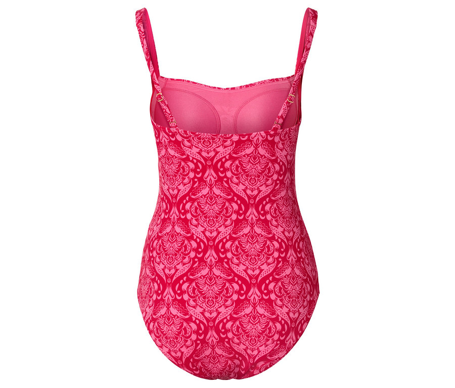 Vue arrière d'un maillot de bain rose à bretelles avec un motif intégral.