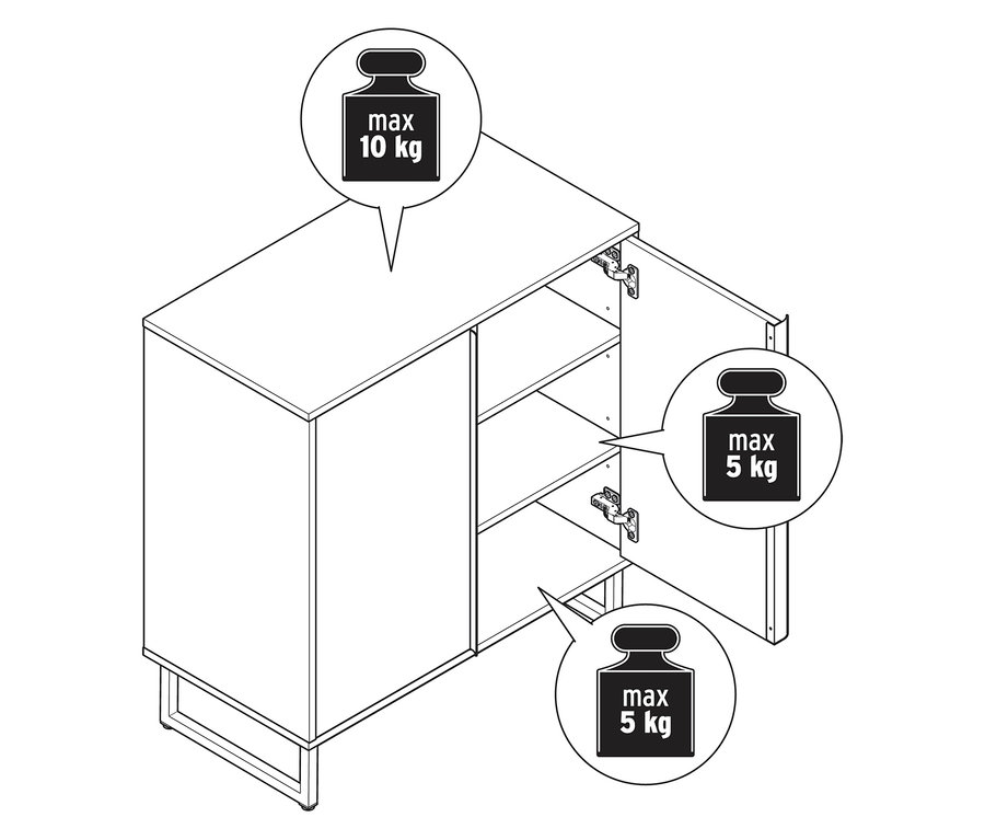 Dessin d'une commode « LEEG » avec deux portes, une porte est ouverte, montrant un poids maximum de 5 kg par étagère.