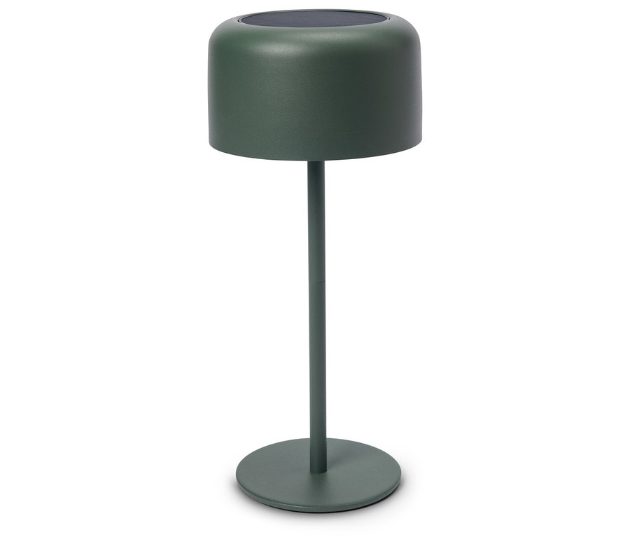 Une seule lampe de table verte se dresse sur un fond blanc.