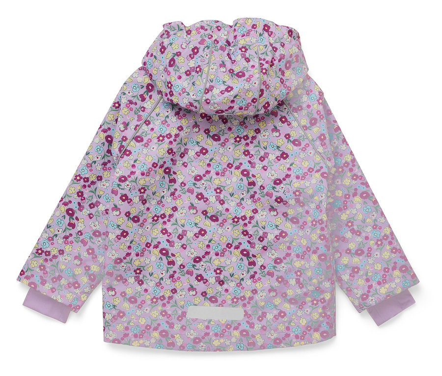 Imperméable violet à fleurs avec capuche et poignets.
