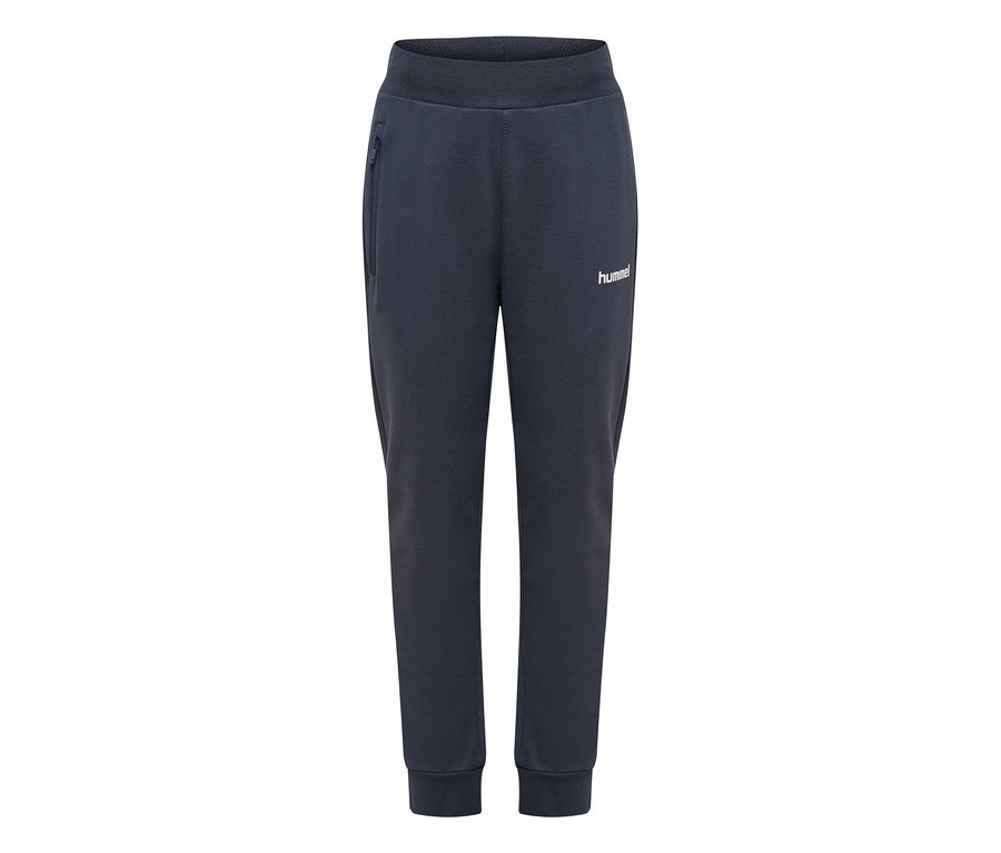 Pantalon taille haute hummel® « HMLJR Logo » bleu marine avec taille élastique, chevilles resserrées, poche zippée et logo blanc.