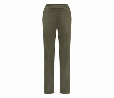 Pantalon droit vert olive en tissu doux et brossé, avec des coutures verticales sur le devant de chaque jambe.
