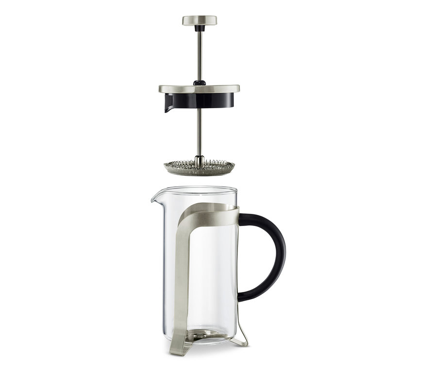 Cafetière à piston 300 ml, 2 tasses, argenté, démontée.
