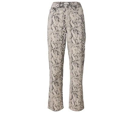 Pantalon coupe droite avec un motif peau de serpent beige et gris foncé, présenté à plat sur un fond blanc.