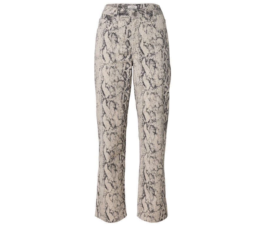 Pantalon coupe droite avec un motif peau de serpent beige et gris foncé, présenté à plat sur un fond blanc.