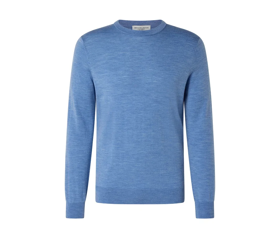 Un pull bleu à manches longues avec un col rond, des poignets et un ourlet côtelés, sur un fond blanc.