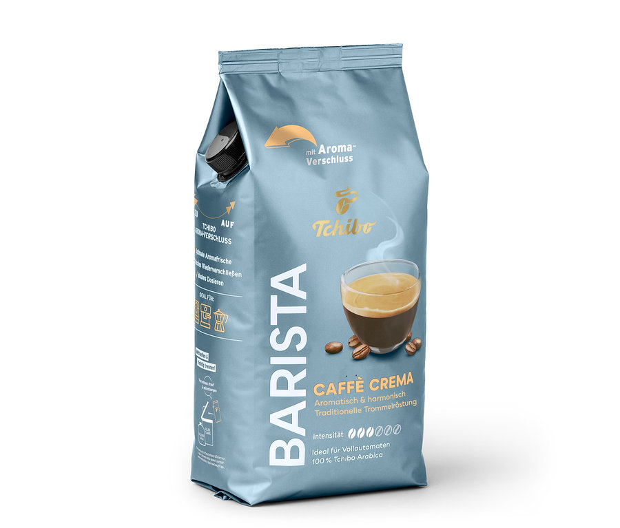 Un paquet de café Tchibo Barista Caffè Crema avec une illustration d'une tasse de café et de grains de café.