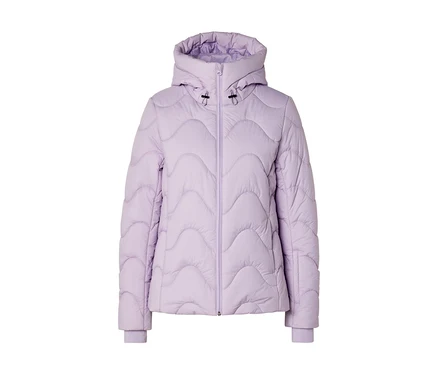 Doudoune lilas avec un motif matelassé ondulé, une capuche et une fermeture éclair intégrale.
