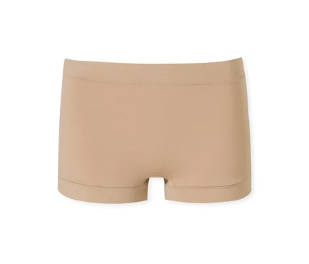 Shorty boxer beige sans couture en tissu lisse, posé à plat sur un fond blanc.