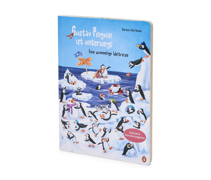 Couverture de livre pour enfants intitulée « Gustav Pinguin ist unterwegs Eine wimmelige Weltreise » de Barbara Korthues. L'illustration montre de nombreux pingouins sur des blocs de glace et dans l'eau bleue, certains portant des chapeaux ou des écharpes, avec un panneau indicateur et un pingouin regardant à travers des jumelles. Une bannière rouge indique « Exklusive Sonderausgabe ».