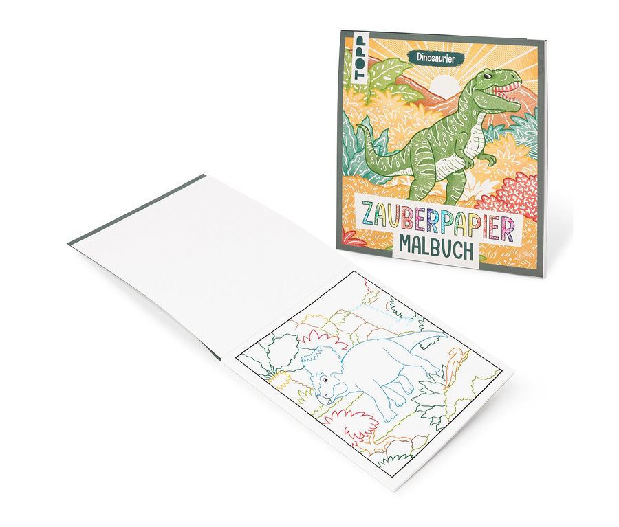 Livre de coloriage magique dinosaure ouvert, montrant un dessin au trait d'un dinosaure couché, avec sa couverture représentant un T-Rex vert.