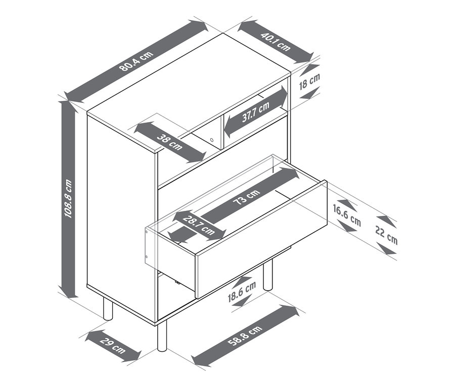 Dessin au trait d'une armoire avec une section supérieure et un grand tiroir inférieur ouvert, montrant les dimensions. L'armoire mesure 108,8 cm de haut, 80,4 cm de large et 40,1 cm de profondeur. Le tiroir ouvert mesure 73 cm de large et 28,7 cm de profondeur.