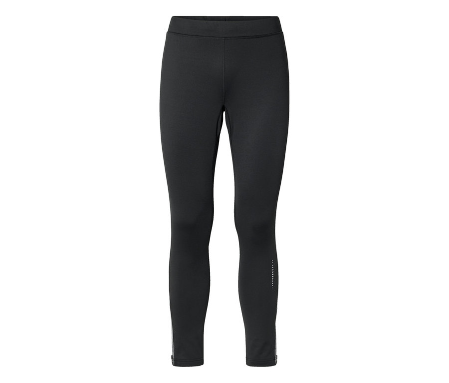 Legging noir long avec taille élastique, fermetures éclair aux chevilles et motif de points réfléchissants sur le bas de la jambe droite.