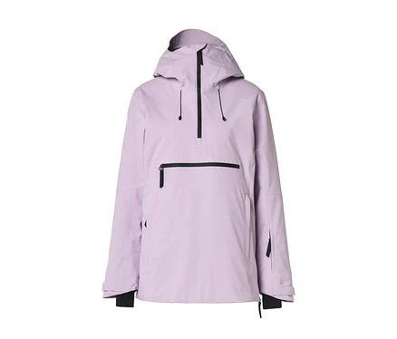 Veste anorak à capuche violet clair avec un demi-zip noir au cou, une poche poitrine horizontale zippée noire et des poignets noirs.