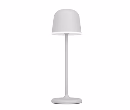 Lampe de table à LED rechargeable Eglo « Mannera » gris clair, avec abat-jour en forme de cloche et pied fin.