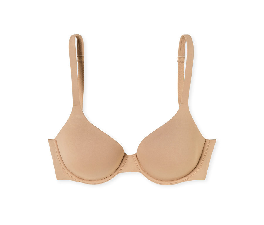 Soutien-gorge push-up beige à armatures avec bretelles réglables, sur fond blanc.