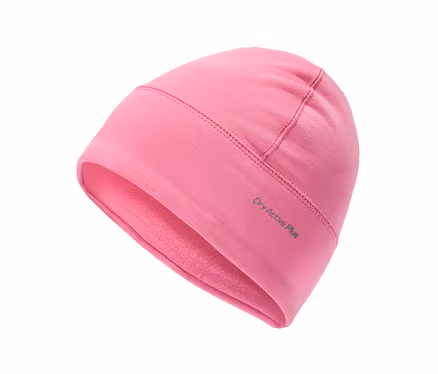 Bonnet rose avec l'inscription « Dry Active Plus », doublé de polaire à l'intérieur.