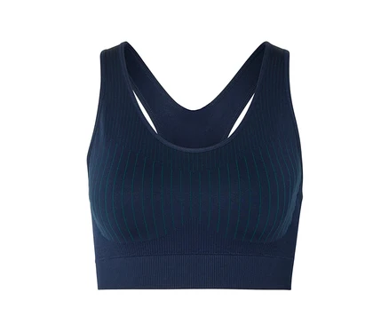 Soutien-gorge de sport bleu avec dos nageur et rayures vertes.