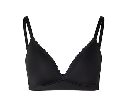 Soutien-gorge noir avec fines bretelles et dentelle au décolleté.