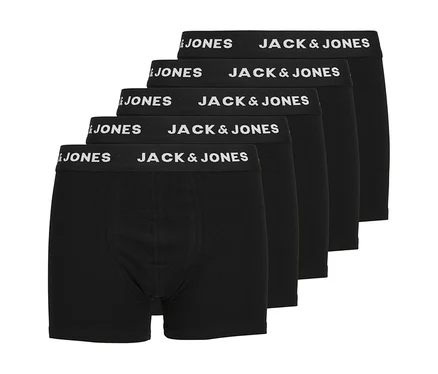 Cinq boxers noirs Jack&Jones empilés, avec ceinture à logo blanc, lot de 5.