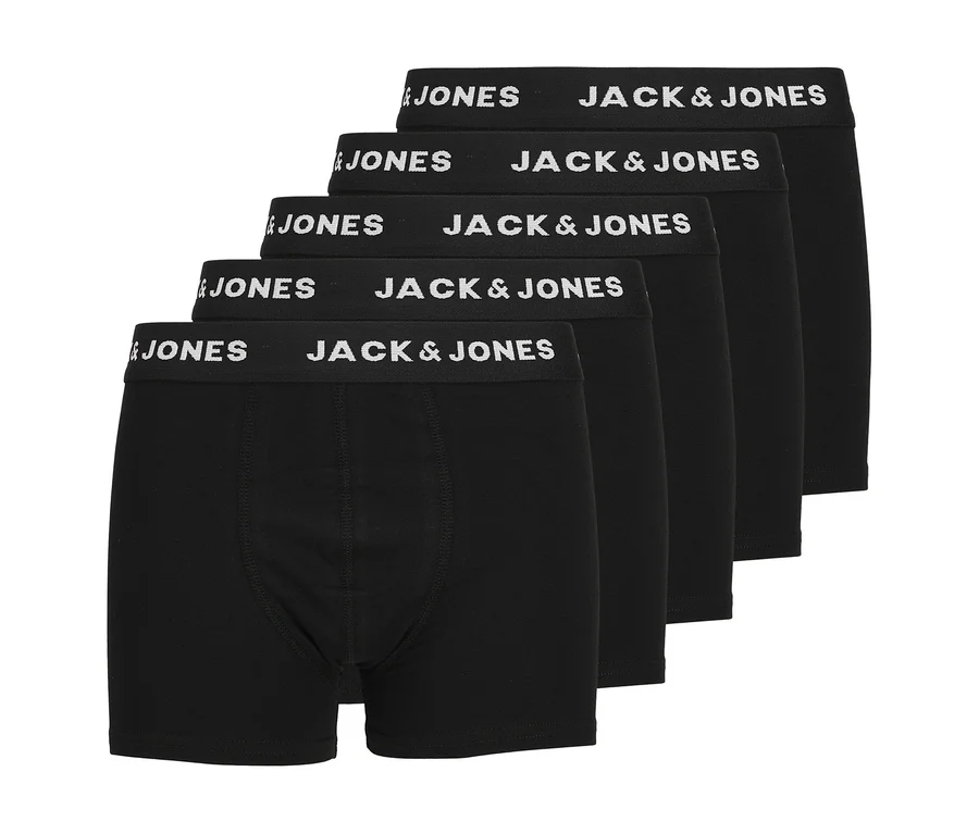 Cinq boxers noirs Jack&Jones empilés, avec ceinture à logo blanc, lot de 5.