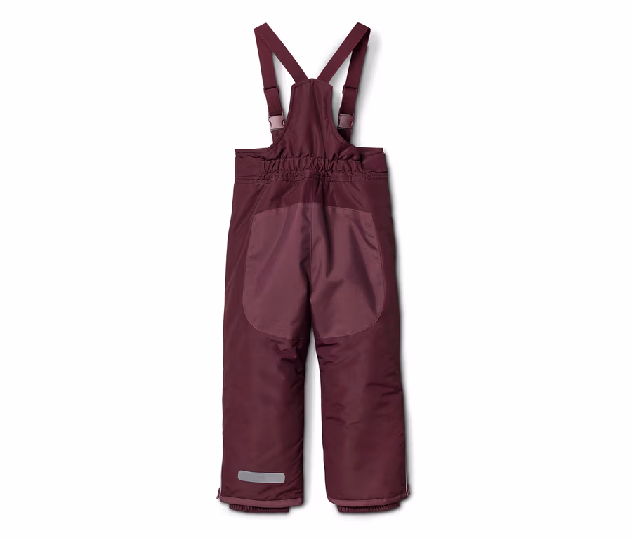Salopette de ski bordeaux pour enfant avec bretelles réglables, vue de dos.