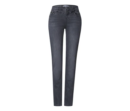 Jean Street One gris foncé, présenté debout, avec fermeture boutonnée et zippée, poches avant avec petits détails métalliques et passants de ceinture.