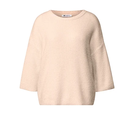 Pull en maille Street One rose clair avec un col rond et des manches 3/4 larges, texture côtelée.