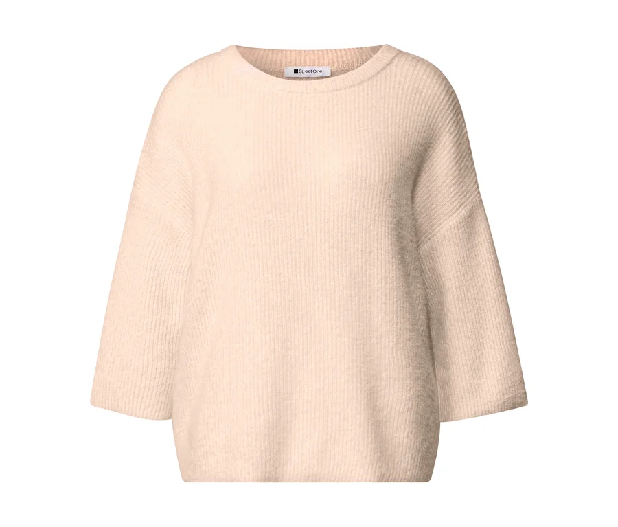 Pull en maille Street One rose clair avec un col rond et des manches 3/4 larges, texture côtelée.