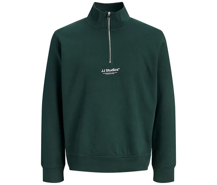 Pull Jack&Jones Troyer Soho vert foncé à col montant et fermeture éclair quart de longueur, avec logo blanc 'JJ Studios' sur la poitrine.